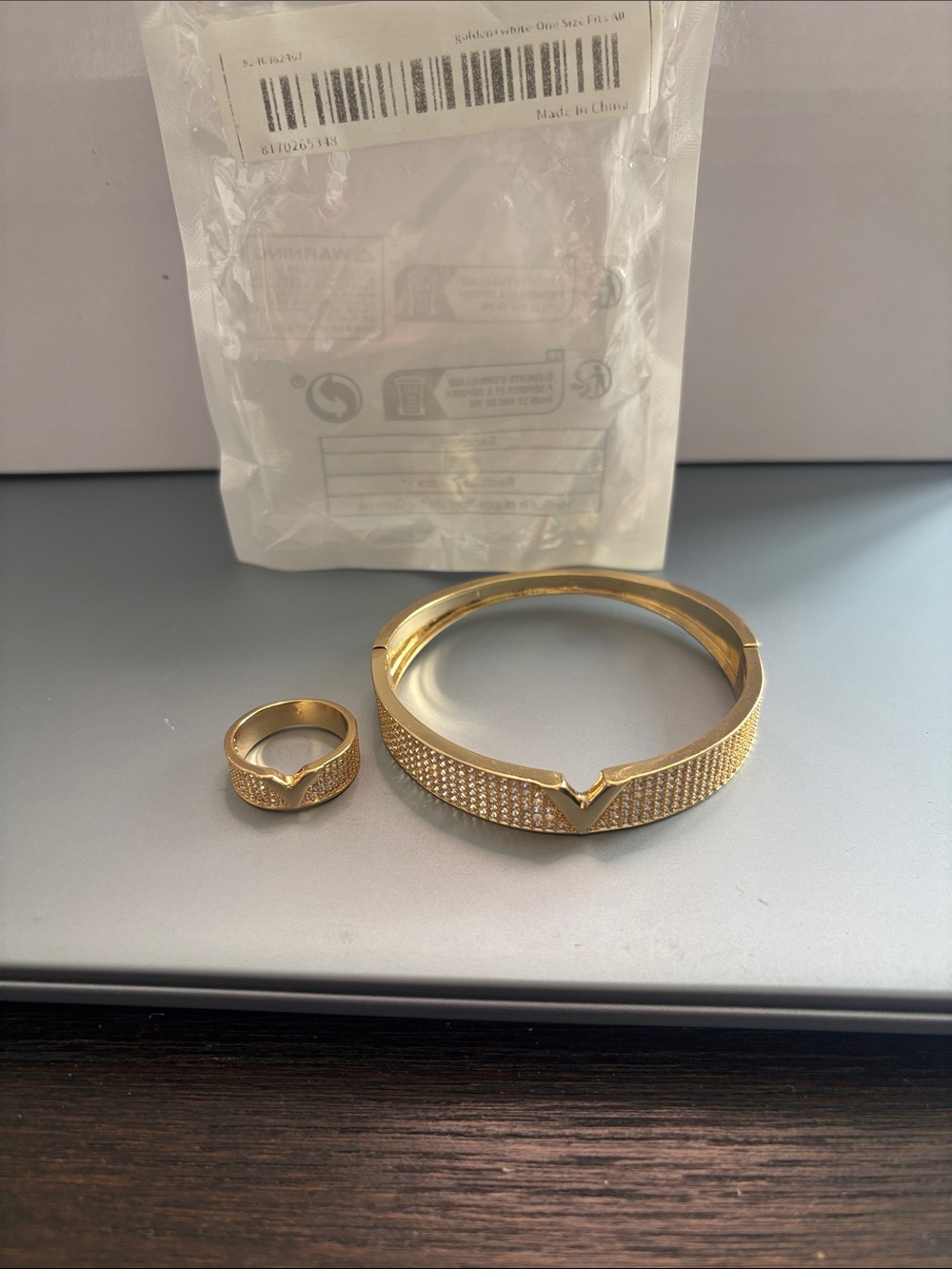 Gold Crystal V-Accent Bangle and Ring Set